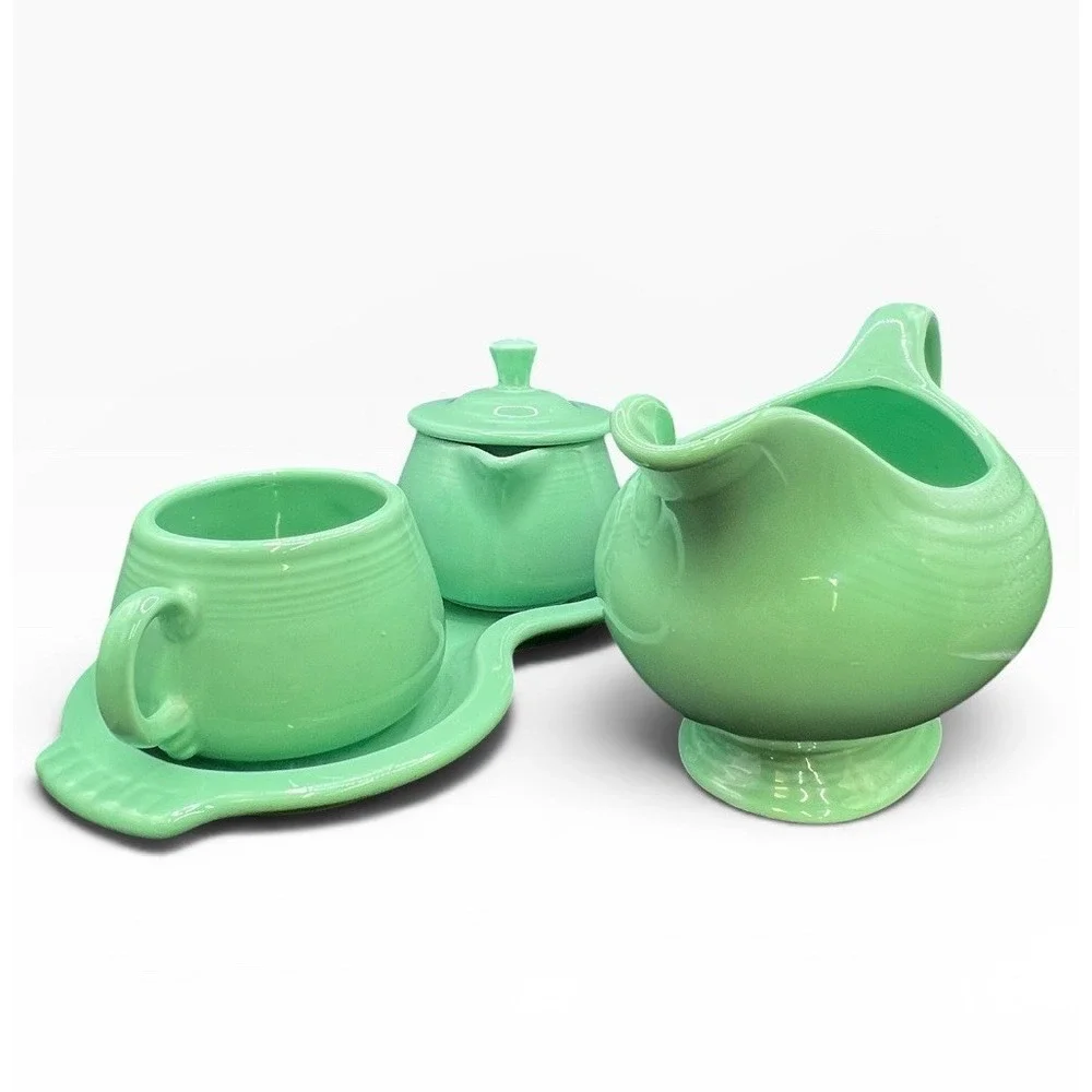 Vintage Fiesta Ware Green Creamer Sugar Bowl Tray Cup Set Fiestaware USA